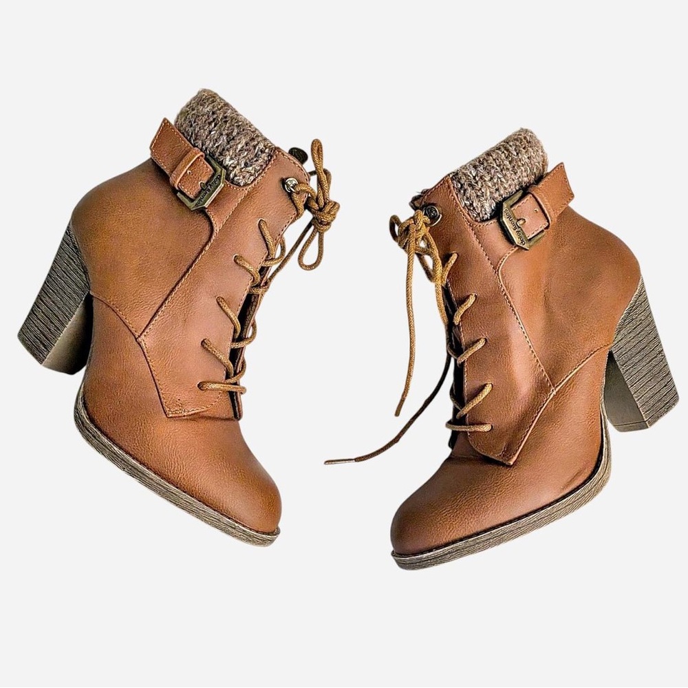 Cozy Tan Lace Up Heeled Ankle Boots with Buckle and Sweater